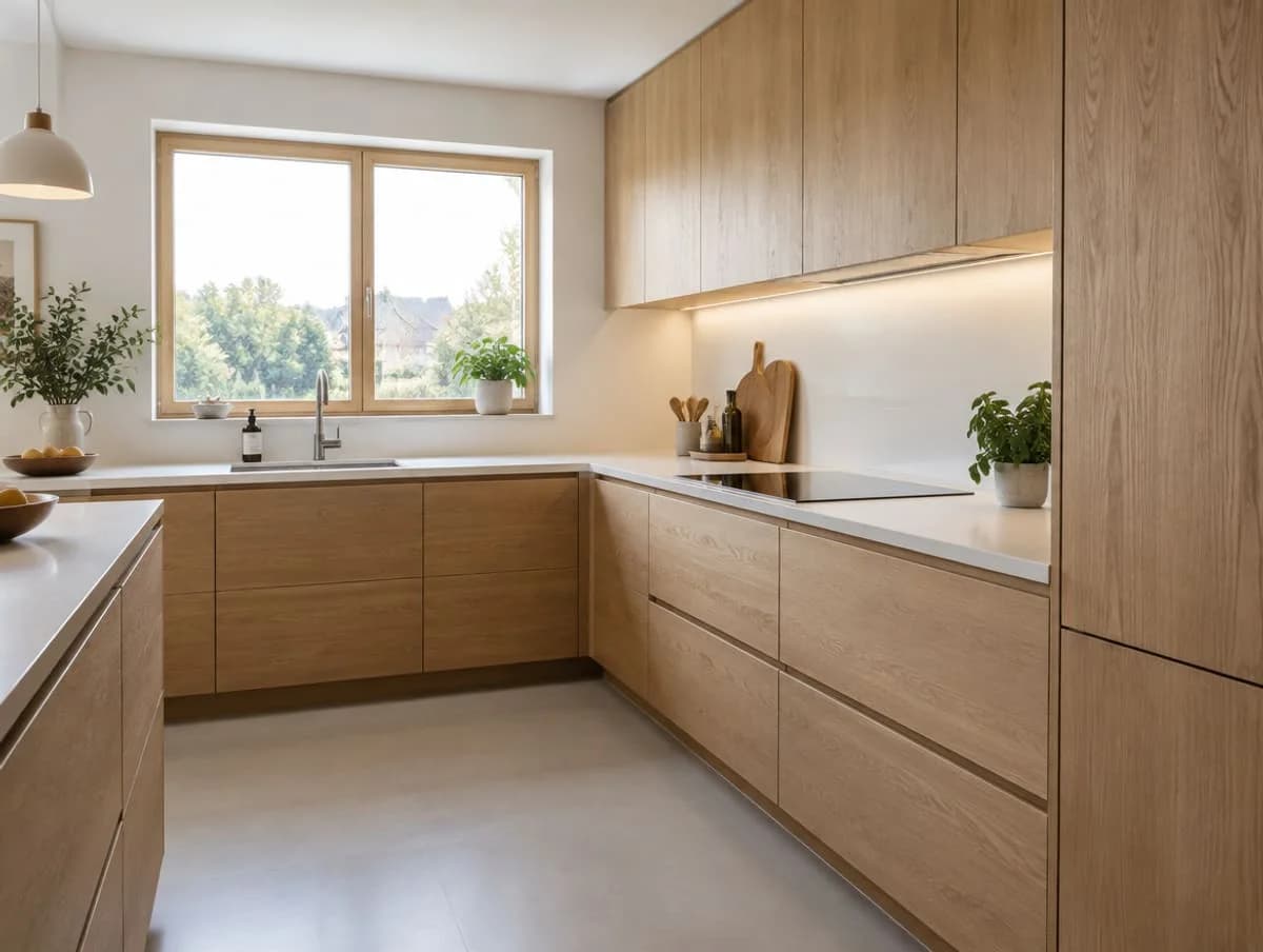 Light oak L-shaped kitchen with integrated appliances