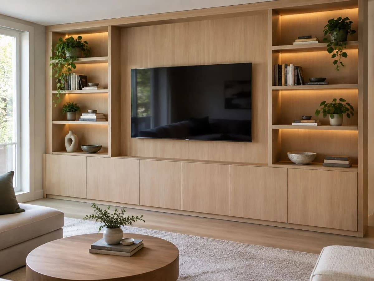 Floating oak TV unit with closed storage