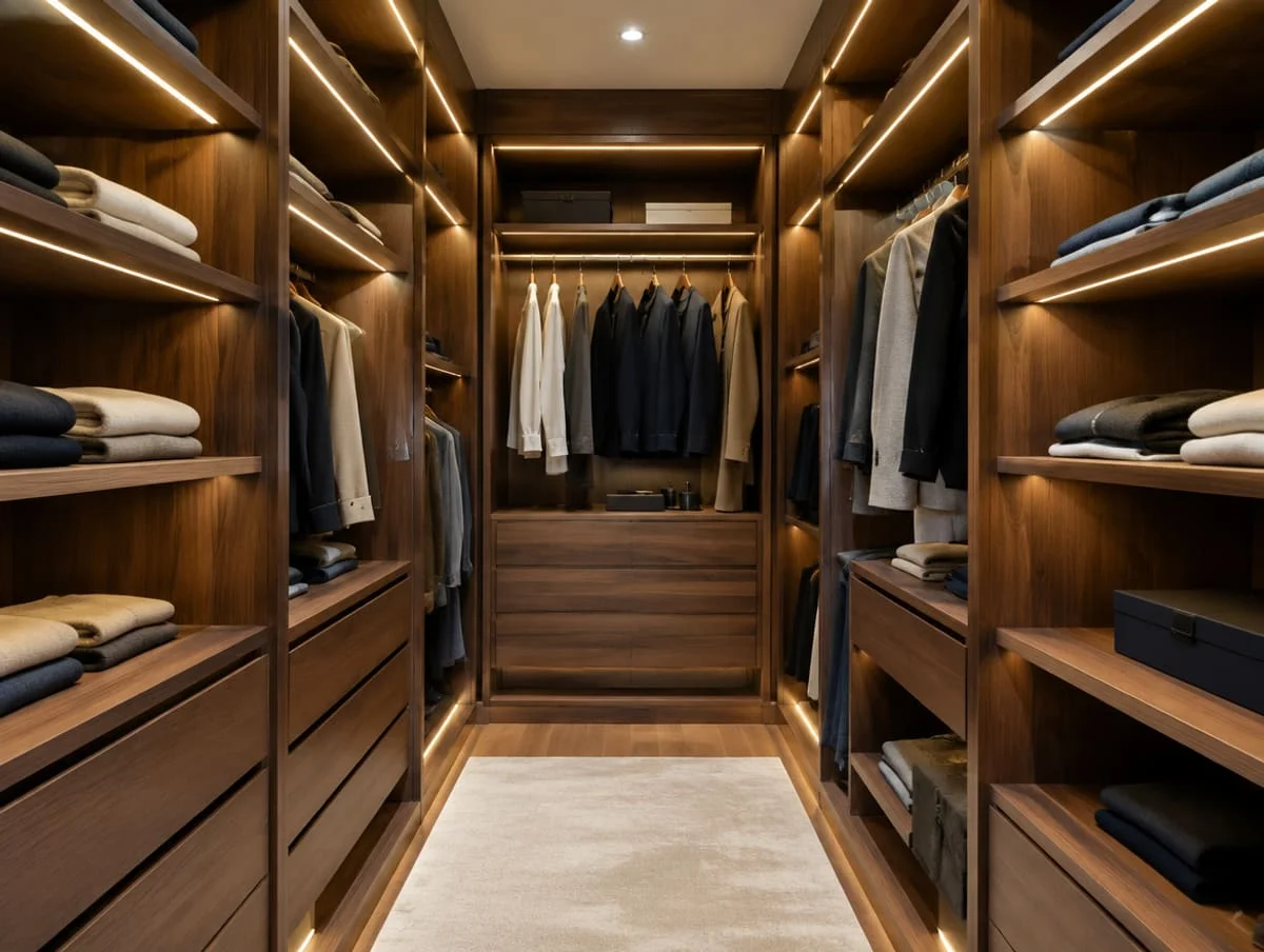Walk-in wardrobe with wooden shelving and hanging rails