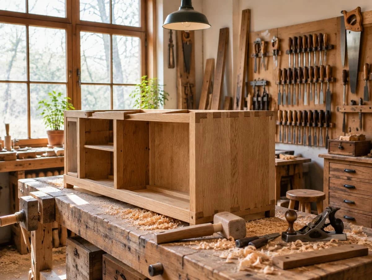 Cabinet carcass on a workbench in the Timberline workshop